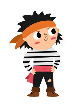 Vector pirate boy icon. Cute sea captain illustration. Treasure island hunter in stripy shirt. Funny pirate party element for kids isolated on white background.のイラスト素材