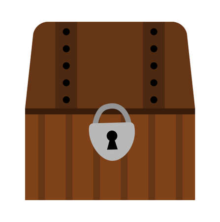 Treasure chest icon. Pirate wooden coffer with jewelry and lock. Treasure island element isolated on white background. Old closed wood box pictureのイラスト素材