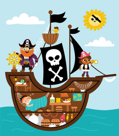 Vector pirate ship scene. Raider vessel interior with pirates, cargo hold, cabin, captain office. Treasure hunt illustration with boat inside, sleeping sailor, parrot. Sea landscape for picture bookのイラスト素材