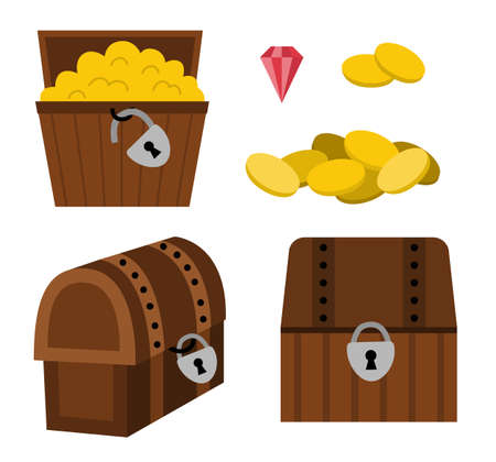 Treasure chest icon set. Pirate wooden coffers collection. Treasure island element isolated on white background. Old wood box picture with jewelry, lock, gem, golden coinsのイラスト素材