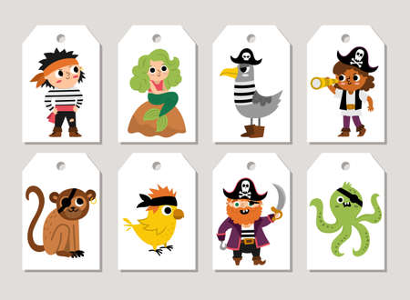 Cute pirate price tags cards set with ship, captain, sailors, chest, map, parrot, octopus, seagull. Vector treasure island print templates. Marine design for tags, ads, social media, pirate partyのイラスト素材