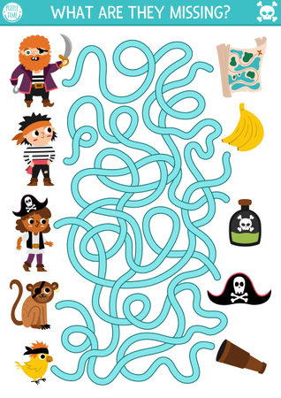 Pirate maze for kids. Treasure hunt preschool printable activity with cute pirates, animals and their things. Sea adventures labyrinth game or puzzle. What is missing worksheetのイラスト素材