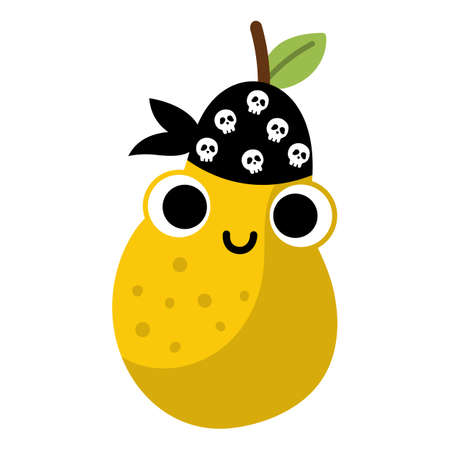 Vector funny kawaii pear icon. Pirate fruit illustration. Comic plant fruit with eyes, pirate hat and mouth isolated on white background. Healthy summer garden food clipart.のイラスト素材