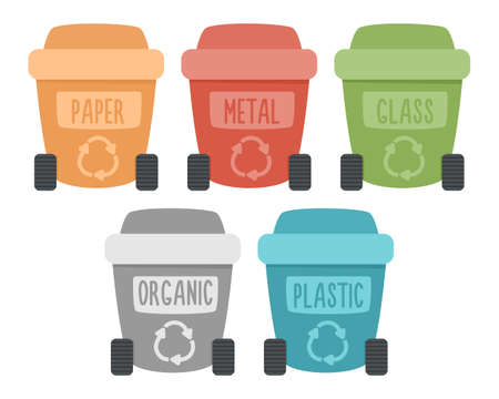 Vector waste sorting bins icon. Colorful organic, paper, metal, glass, plastic garbage boxes. Earth day or zero waste ecological concept. Rubbish or junk recycling containers illustrationのイラスト素材