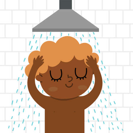 Boy taking a shower icon. Cute washing kid. Child doing daily routine. Morning ritual or healthy lifestyle conceptのイラスト素材