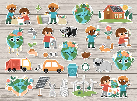 Vector ecological sticker set for kids. Earth day patches collection with cute children, planet, waste recycling concept. Environment friendly badges packのイラスト素材