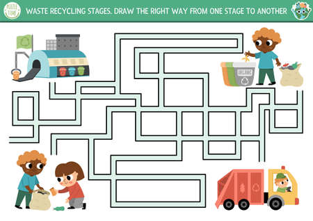 Ecological maze for children with kids sorting out the rubbish. earth day preschool activity. Eco awareness or zero waste labyrinth game with garbage stages recyclingのイラスト素材