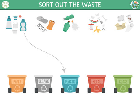 Ecological matching activity with waste sorting concept. Earth day puzzle. printable worksheet or game. Sort out the waste. Eco awareness page for kids with rubbish binsのイラスト素材