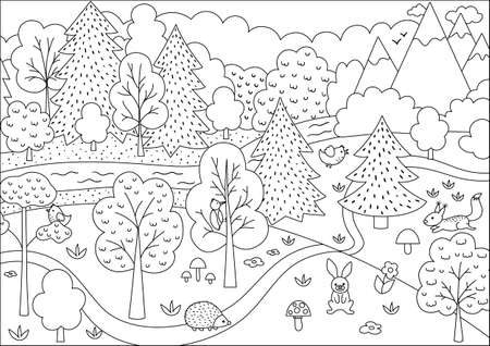 Vector black and white wild forest scene with trees, mountains, animals, birds. Spring or summer line woodland scenery with flowers, plants, mushrooms. Wild nature landscape or coloring pageのイラスト素材