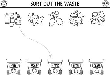 Ecological black and white matching activity with waste sorting concept. Earth day puzzle. printable worksheet or game. Sort out the waste. Eco awareness coloring page for kidsのイラスト素材