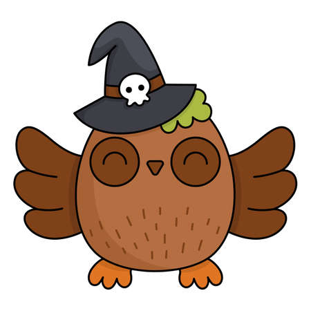 Vector kawaii owl in witch hat. Cute smiling Halloween character for kids. Funny autumn all saints day cartoon bird with spread wings illustration. Samhain party icon for childrenのイラスト素材