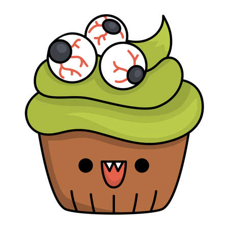 Vector kawaii cup cake with green cream and eyes. Cute smiling Halloween character for kids. Funny autumn all saints day cartoon dessert for trick or treat game. Samhain party icon for childrenのイラスト素材