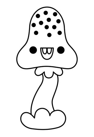 Vector black and white kawaii mushroom with eyes. Cute smiling Halloween character for kids. Funny autumn all saints day plant illustration. Samhain party icon or coloring pageのイラスト素材