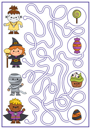 Halloween maze for kids. Autumn holiday preschool printable activity with cute kawaii children and sweets. Scary labyrinth game with cute characters. Trick or treat costume party worksheetのイラスト素材