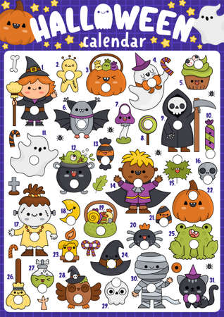 Vector Halloween advent calendar with traditional holiday symbols. Cute autumn all saints day planner for kids. Scary trick or treat poster design with cute kawaii witch, pumpkin, vampire, ghostのイラスト素材
