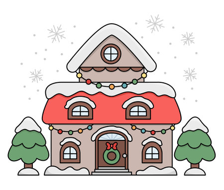 Vector colored cartoon decorated house with snow, garlands, snowflakes. Cute Christmas home illustration isolated on white background. New Year or winter cartoon holiday iconのイラスト素材