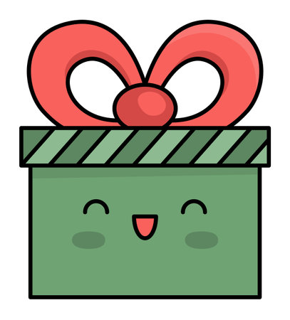 Vector colored kawaii present with ribbon. Cute Christmas character illustration isolated on white background. New Year or winter smiling gift box. Funny cartoon holiday iconのイラスト素材