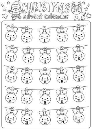 Vector black and white Christmas advent countdown calendar with traditional holiday decorations. Cute line kawaii winter planner for kids. Festive New Year coloring page with tree ball and ornamentsのイラスト素材