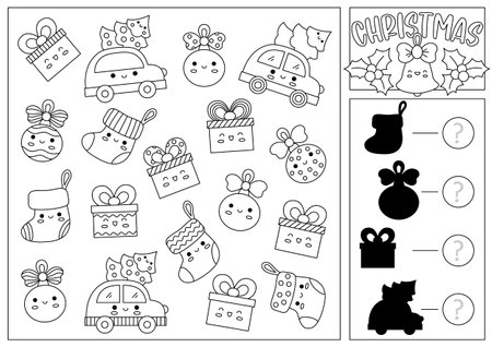 Christmas black and white I spy and shadow match game for kids. Searching and counting line activity with cute kawaii winter holiday symbols. New Year printable worksheet or coloring pageのイラスト素材