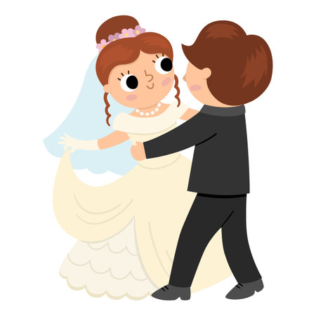Vector illustration with bride and groom. Cute just married couple. wedding ceremony icon. Cartoon marriage scene with husband and wife dancing their first dance. newly married coupleのイラスト素材