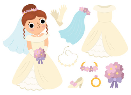 Vector bride clothes set. Cute just married girl with dress, accessory. wedding ceremony icon. Cartoon marriage newly married woman, veil, shoe, bouquet, ring, gloves. cute lady collectionのイラスト素材