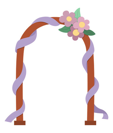 Vector wedding arch with flowers and purple ribbon. Cute marriage clipart element for bride and groom. Just married couple accessory. cartoon ceremony illustrationのイラスト素材