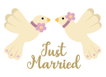 Vector wedding doves with flowers and just married inscription. Cute marriage clipart element. Newly married couple birds. cartoon ceremony symbol illustrationのイラスト素材