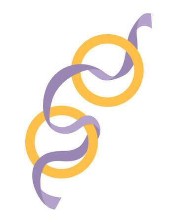 Vector wedding rings with purple ribbon. Cute marriage symbol clipart element for bride and groom. Just married couple accessory. cartoon ceremony illustrationのイラスト素材