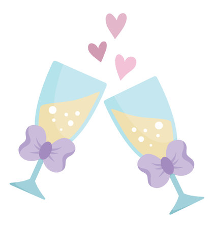 Vector wedding clinking glasses with purple bow and sparkling drink. Cute marriage symbol clipart element for bride, groom. Just married couple banquet decoration. cartoon ceremony illustrationのイラスト素材