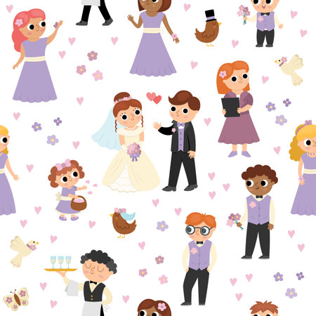 Vector seamless pattern with bride, groom and their guests. Cute just married repeat background with bridesmaids, bridegrooms, children, waiter, registrar. wedding ceremony digital paperのイラスト素材