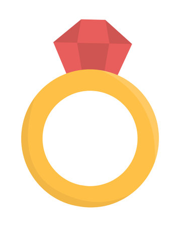 Vector wedding ring with red stone. Cute marriage symbol clipart element for bride and groom. Just married couple accessory. cartoon ceremony illustrationのイラスト素材