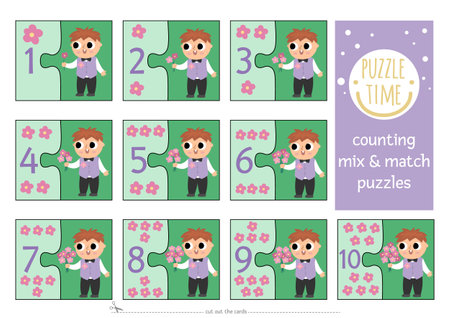 Vector wedding mix and match puzzle with cute flowers and boy with bouquet. Matching math activity for preschool children. Educational printable counting match up game for kids with kid guestのイラスト素材
