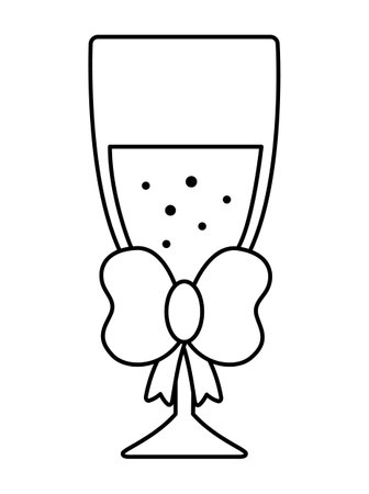 Vector black and white wedding glass with bow and sparkling drink. Cute line marriage symbol clipart element for bride, groom. Just married couple decoration. cartoon ceremony coloring pageのイラスト素材