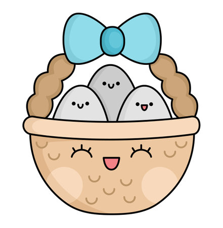 Vector kawaii basket with eggs icon for kids. Cute Easter symbol illustration. Funny cartoon character. Adorable spring clipartのイラスト素材