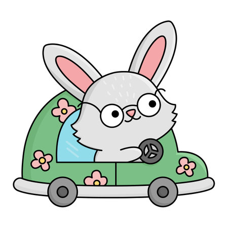 Vector Easter bunny icon for kids. Cute kawaii rabbit illustration. Funny cartoon character. Traditional spring holiday symbol in glasses driving a green car with pink flowersのイラスト素材