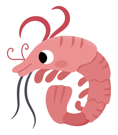 vector shrimp icon. Under the sea illustration with cute funny prawn fish. ocean animal clipart. Cartoon underwater or marine clip art for children isolated on white backgroundのイラスト素材