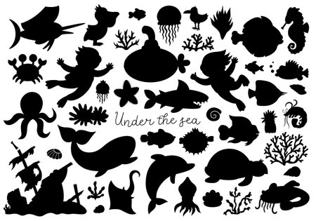 Vector under the sea silhouettes set. Ocean black icons collection with funny seaweeds, fish, divers, submarine. Cute water animals and weeds shadow illustrations with dolphin, whale, tortoiseのイラスト素材