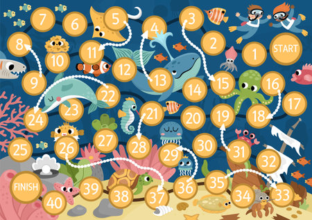 Under the sea dice board game for children with cute animals. Ocean boardgame with fish, wrecked ship. Water adventures printable activity or worksheet. Help the divers get to the pearlのイラスト素材