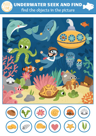 Vector under the sea searching game with sea landscape, submarine, diver. Spot hidden objects in the picture. Simple ocean life seek and find educational printable activity for kids. water animals huntのイラスト素材