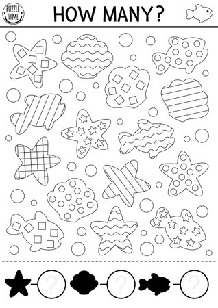 Counting and shape recognition black and white game with cute starfish, seashell, fish. Math line activity for preschool kids. Under the sea simple printable worksheet. ocean life coloring pageのイラスト素材