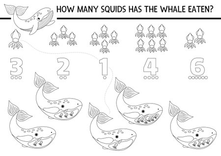 Match the numbers under the sea black and white game with whale eating squid. Ocean life line math activity for kids. Marine educational counting worksheet, coloring page with water animalsのイラスト素材