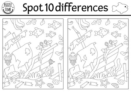 Find differences game for children. Black and white educational activity with wrecked ship, sea landscape. Ocean life line puzzle for kids with boat. Underwater printable coloring pageのイラスト素材