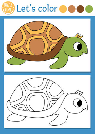 Under the sea coloring page for children with tortoise. Vector ocean life outline illustration with cute water animal. Color book for kids with colored example. Drawing skills printable worksheetのイラスト素材