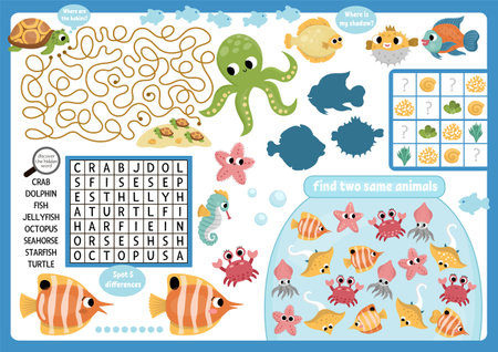 Vector under the sea placemat for children. Ocean life printable activity mat with maze, word search puzzle, shadow match, find difference. Underwater play mat, menu, kids magazine spreadsheetのイラスト素材