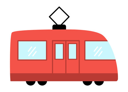 Vector red tram. Funny tramway for kids. cute vehicle clip art. Public transport icon isolated on white backgroundのイラスト素材