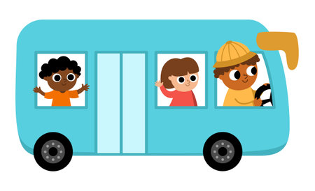 Vector blue bus with driver and passengers. Funny bus for kids with cute boy and girl. cute vehicle clip art. Public transport icon isolated on white backgroundのイラスト素材