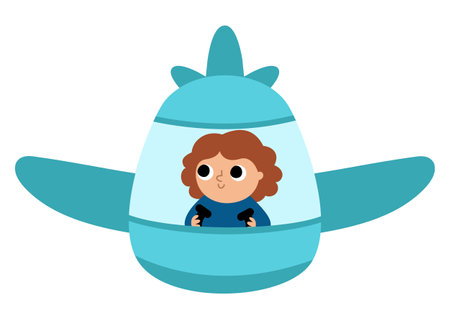 Vector blue plane with girl pilot icon. Air transport for kids. Funny transportation clip art for kids. Cute airplane vehicle front view isolated on white backgroundのイラスト素材
