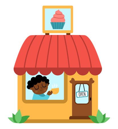 Vector cozy cafe with man drinking tea isolated on white background. Small coffee house illustration. Cute kiosk with pastry and cakesのイラスト素材