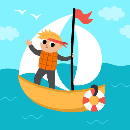 Vector square scene with boy sailing yacht. transport illustration. Cute kid driving transport. water vehicle landscape. cartoon child on a boatのイラスト素材