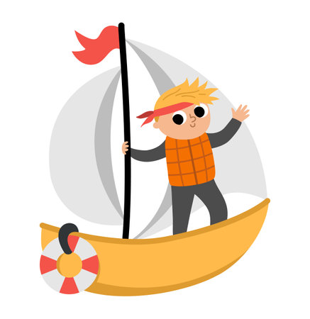 Vector yellow yacht with sails, life circle and sailor. water transport icon. Funny nautical transportation boat clipart for kids. Cute marine vehicle icon isolated on white background for childrenのイラスト素材